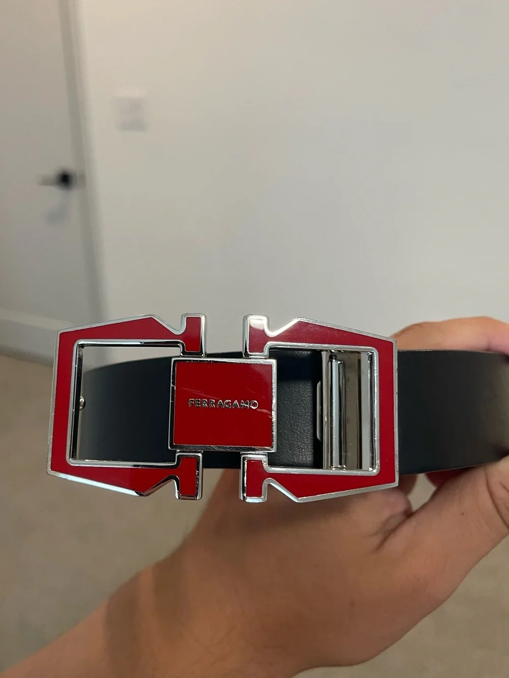 Salvatore Ferragamo Black Leather Belt with Red Enamel Gancini Buckle